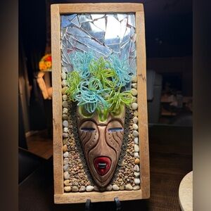 Handcrafted Mosaic Wall Art Lady ‘FaceTime’ Pottery Wood Mirror Rocks RARE 3D